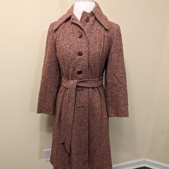 Vintage Jackets & Blazers - VINTAGE wool trench coat, burgundy tweed, burgundy lining